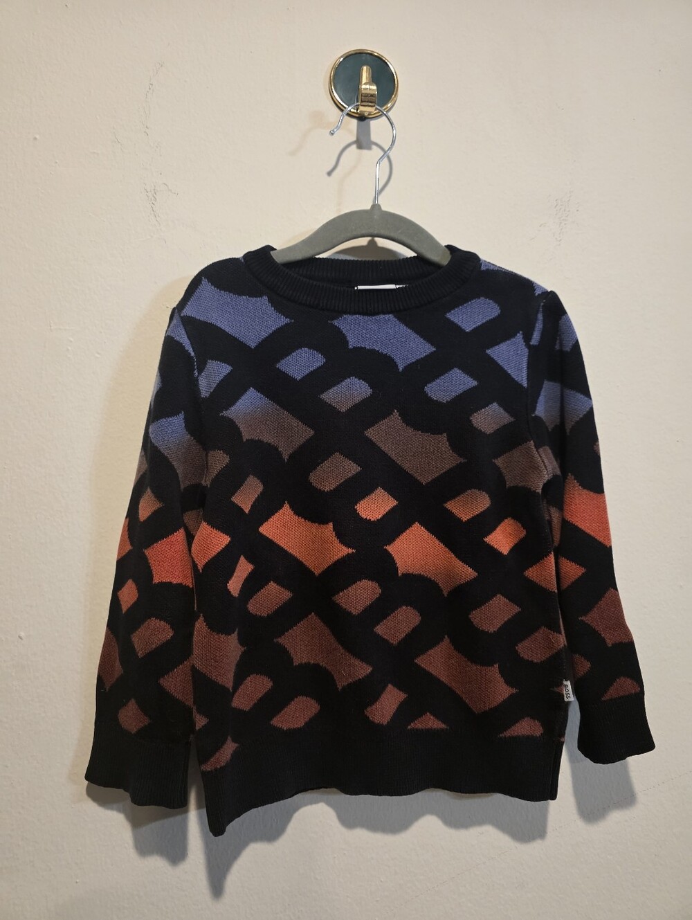 BOSS Kidswear Cotton Geometric Jacquard Crewneck Sweater Black Multi Size 4-102